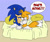 Size: 900x762 | Tagged: safe, artist:aishapachia, miles "tails" prower, sonic the hedgehog, fox, hedgehog, 2010, bed, comforting, crying, dialogue, duo, english text, eyes closed, hugging, implied cosmo, indoors, kneeling, male, pillow, sad, shoes off, socks, speech bubble, tears, tears of sadness, text