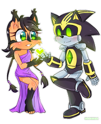Size: 567x700 | Tagged: safe, artist:nacchan96, nicole the hololynx, shard the metal, lynx, 2017, blank background, blushing, duo, female, heart, hololynx, male, nicole x shard, robot, shipping, smile, straight