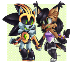 Size: 1280x1110 | Tagged: safe, artist:galaxynite, nicole the hololynx, shard the metal, lynx, 2017, blank background, duo, female, happy, holding hands, looking at each other, male, nicole x shard, polka-dots background, robot, shipping, straight, walking