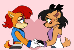Size: 940x638 | Tagged: safe, artist:bbgatile, nicole the hololynx, sally acorn, 2019, blushing, cute, duo, flat colors, heart, holding hands, lesbian, looking at each other, nicabetes, nicole x sally, sallabetes, shipping, side view, smile