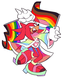 Size: 2000x2449 | Tagged: safe, artist:fizzy-dizz, knuckles the echidna, 2019, flag, flat colors, gay pride, holding something, kimono, mouth open, pride, pride flag, sandals, simple background, smile, solo, standing, standing on one leg, transparent background