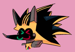 Size: 1214x841 | Tagged: safe, artist:sonic-colours, shard the metal, 2021, :3, black sclera, cute, eyes closed, headshot, heterochromia, pink background, robot, shardabetes, simple background, smile, solo