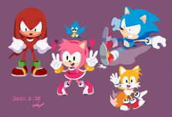 Size: 900x617 | Tagged: safe, artist:aimf0324, amy rose, flicky, knuckles the echidna, miles "tails" prower, sonic the hedgehog, sonic adventure, 2021, clenched fists, double v sign, flying, frown, group, heart, lily, looking at them, mid-air, mouth open, no outlines, purple background, signature, simple background, skidding, smile, standing, treads, v sign