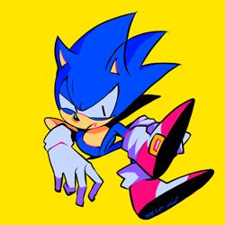 Size: 900x900 | Tagged: safe, artist:aimf0324, sonic the hedgehog, 2021, arm rest, classic sonic, eyestrain, frown, looking offscreen, one fang, simple background, sitting, solo, treads, yellow background
