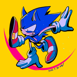 Size: 800x800 | Tagged: safe, artist:aimf0324, sonic the hedgehog, 2021, classic sonic, clenched teeth, eyestrain, frown, looking offscreen, mid-air, posing, shrunken pupils, signature, simple background, solo, squinting, sweat, sweatdrop, treads, yellow background