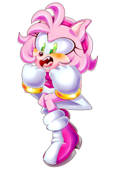 Size: 800x1200 | Tagged: safe, artist:thechaosspirit, amy rose, 2018, blushing, clenched fists, happy, looking offscreen, mouth open, one fang, simple background, smile, solo, standing, transparent background