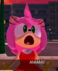 Size: 517x632 | Tagged: safe, amy rose, sonic adventure, 3d, aaa, caption, dialogue, edit, english text, looking up, low res, mouth open, reaction image, screencap, solo, station square, text, zoomed in