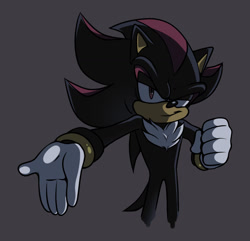 Size: 1280x1235 | Tagged: safe, artist:demonhedgehog, shadow the hedgehog, hedgehog, 2018, clenched fist, grey background, hand out, lidded eyes, looking at viewer, male, reaching out, simple background, smile, smug, solo, standing