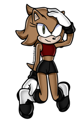 Size: 1237x1920 | Tagged: safe, artist:demonhedgehog, oc, oc:nataly the hedgehog, hedgehog, 2018, boots, crop top, female, gloves, hand on head, looking at viewer, midriff, oc only, shorts, signature, simple background, smile, solo, style emulation, transparent background, uekawa style