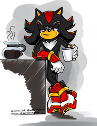 Size: 1280x1668 | Tagged: safe, artist:blue-inferno, artist:demonhedgehog, editor:demonhedgehog, shadow the hedgehog, hedgehog, 2018, arm rest, coffee, color edit, colored version, countertop, drink, edit, front view, holding something, leaning, leaning on something, lidded eyes, looking at viewer, male, mug, smile, smug, solo, sonic boom (tv), style emulation, uekawa style