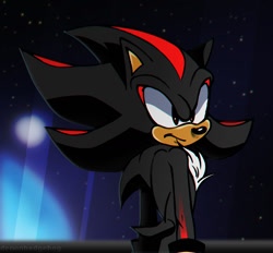 Size: 1280x1187 | Tagged: safe, artist:demonhedgehog, shadow the hedgehog, 2017, frown, looking offscreen, nighttime, outdoors, signature, solo, standing, star (sky)