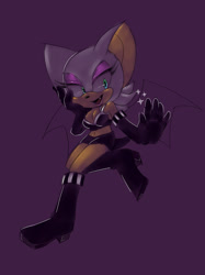 Size: 1280x1707 | Tagged: safe, artist:demonhedgehog, rouge the bat, 2017, alternate outfit, arm sleeves, belly button, boots, cleavage, clothes, crop top, hand on face, lidded eyes, looking at viewer, midriff, mouth open, one fang, purple background, shorts, simple background, smile, solo, sparkles, wings