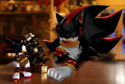 Size: 1280x863 | Tagged: safe, artist:demonhedgehog, shadow the hedgehog, 2017, christmas, christmas tree, frown, head rest, lidded eyes, looking at viewer, photographic background, shadow is not amused, solo, table, unamused