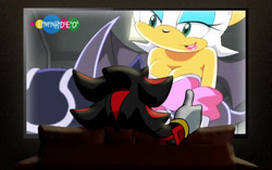 Size: 1280x804 | Tagged: suggestive, artist:demonhedgehog, bokkun, rouge the bat, shadow the hedgehog, sonic x, 2017, ask response, cleavage, from behind, shadouge, shipping, sitting, solo, straight, television, thumbs up