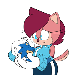 Size: 1280x1363 | Tagged: safe, artist:tvict101, sally acorn, sonic the hedgehog, chipmunk, hedgehog, 2025, carrying them, duo, eyes closed, female, happy, macro, male, petting, redraw, sally x sonic, sally's ringblader outfit, shipping, simple background, sitting, size difference, smile, straight, transparent background