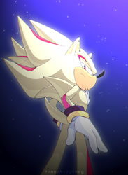 Size: 1280x1753 | Tagged: safe, artist:demonhedgehog, shadow the hedgehog, super shadow, hedgehog, 2017, female, from behind, from below, frown, lidded eyes, looking at viewer, looking back, looking back at viewer, looking down, looking down at viewer, nighttime, outdoors, solo, standing, star (sky), super form