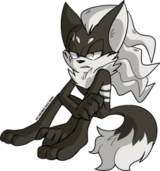 Size: 1280x1365 | Tagged: safe, artist:demonhedgehog, infinite the jackal, 2017, barefoot, beanbrows, clenched teeth, frown, gloves off, hand on knee, heterochromia, lidded eyes, looking at viewer, scar, signature, sitting, solo