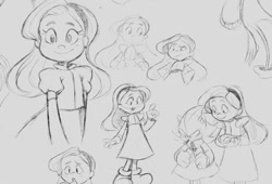 Size: 867x588 | Tagged: safe, artist:23265234723css2e234, maria robotnik, shadow the hedgehog, human, 2017, crossdressing, dress, duo, femboy, line art, monochrome, sketch, sketch page, smile, traditional media