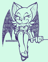 Size: 937x1200 | Tagged: safe, artist:demonhedgehog, rouge the bat, 2017, blue background, cleavage, lidded eyes, line art, looking offscreen, monochrome, pout, signature, simple background, sitting, sketch, solo