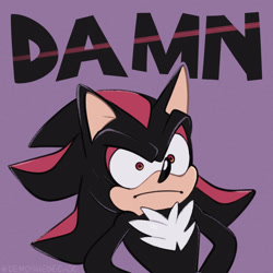 Size: 900x900 | Tagged: safe, artist:demonhedgehog, shadow the hedgehog, 2019, :|, damn, english text, faic, hands on hips, looking offscreen, purple background, shrunken pupils, simple background, solo, text