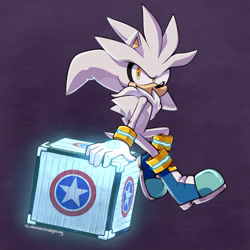 Size: 1280x1280 | Tagged: safe, artist:demonhedgehog, silver the hedgehog, sonic the hedgehog (2006), 2019, box, flying, gradient background, holding something, leaning, leaning back, looking at viewer, looking back, looking back at viewer, mid-air, no mouth, psychokinesis, solo