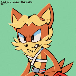 Size: 1200x1200 | Tagged: safe, artist:demonhedgehog, antoine d'coolette, 2018, belt, clenched teeth, green background, harness, looking offscreen, signature, simple background, smile, solo