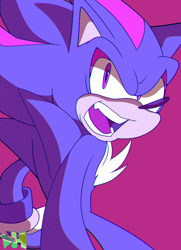Size: 1280x1772 | Tagged: safe, artist:demonhedgehog, shadow the hedgehog, 2018, frown, looking back, looking offscreen, mouth open, one fang, pink background, simple background, solo