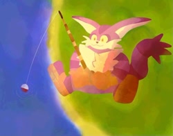 Size: 640x501 | Tagged: safe, artist:soniccurry, big the cat, cat, :3, ask response, bigabetes, cute, daytime, fishing, fishing pole, grass, male, outdoors, sitting, smile, solo, treads, water