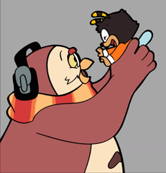 Size: 1697x1766 | Tagged: safe, artist:charmsterz, charmy bee, bee, owl, 2026, aged down, baby, duo, eyes closed, flat colors, grey background, headphones, holding them, looking at them, mouth open, nite the owl, scarf, simple background, smile