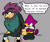 Size: 1747x1484 | Tagged: safe, artist:charmsterz, espio the chameleon, 2026, chain, chameleon, chicken, child, dialogue, don the rooster, duo, english text, flat colors, grey background, hand on knee, looking at each other, necklace, rooster, shy, simple background, sitting, speech bubble, text
