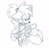 Size: 1205x1220 | Tagged: safe, artist:jenzel, fiona fox, fox, 2023, alternate hairstyle, alternate outfit, baseball bat, claws, female, floppy ear, holding something, jacket, jeans, kneepad, line art, looking offscreen, monochrome, pants, ponytail, simple background, sketch, smile, solo, standing, weapon, white background