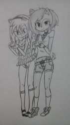 Size: 800x1423 | Tagged: safe, artist:brihanna25, amy rose, sally acorn, 2015, alternate outfit, duo, holding something, line art, monochrome, pencilwork, traditional media