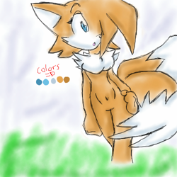 Size: 500x500 | Tagged: safe, artist:maggotthecat, miles "tails" prower, 2006, :o, belly button, breasts, color palette, featureless breasts, gender swap, gradient background, hair over one eye, hand on hip, looking offscreen, mouth open, simplistic background, solo