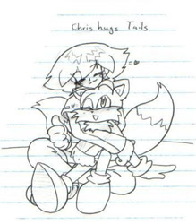 Size: 354x405 | Tagged: safe, artist:cloud-kitsune, chris thorndyke, miles "tails" prower, fox, human, 2005, black and white, cute, duo, english text, eyes closed, heart, hugging, hugging from behind, line art, male, monochrome, one eye closed, sitting, smile, thumbs up, traditional media, wholesome