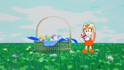 Size: 4800x2700 | Tagged: safe, cream the rabbit, rabbit, anonymous artist, basket, clouds, daytime, easter, easter basket, easter egg, female, field, grass, grass field, head tilt, holding something, looking at something, mouth open, open smile, outdoors, smile, solo
