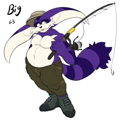 Size: 1573x1536 | Tagged: safe, artist:tinkerjink, big the cat, 2023, belly button, character name, english text, fishing pole, flat colors, hat, holding something, pants, simple background, solo, text, topless, white background