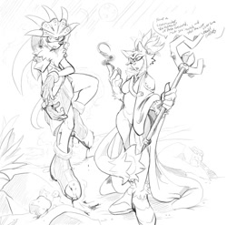 Size: 1092x1080 | Tagged: safe, artist:tinkerjink, blaze the cat, silver the hedgehog, 2023, cape, dialogue, dripping, duo, english text, grammatical error, holding something, line art, mid-air, monochrome, simple background, staff, talking, white background