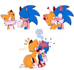 Size: 800x759 | Tagged: safe, artist:jhoycookie, miles "tails" prower, sonic the hedgehog, 2025, blushing, blushing ears, dialogue, duo, english text, gay, ghost, giving the ghost, heart, holding them, kiss, shipping, simple background, sonic x tails, text, white background