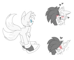 Size: 800x651 | Tagged: safe, artist:jhoycookie, miles "tails" prower, sonic the hedgehog, 2025, duo, gay, greyscale, holding each other, holding them, kiss, monochrome, shipping, simple background, sonic x tails, spot color, surprise kiss, surprised, white background