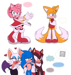 Size: 800x843 | Tagged: safe, artist:jhoycookie, amy rose, miles "tails" prower, rouge the bat, shadow the hedgehog, sonic the hedgehog, 2025, arm sleeves, blushing, crossdressing, dress, femboy, frown, gay, group, hands together, heart, presenting, shadow x tails, shipping, smile, sonic x tails, speech bubble, stockings, thought bubble, wagging tail
