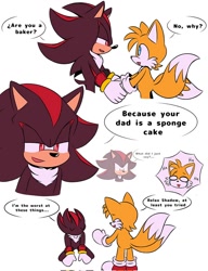 Size: 800x1040 | Tagged: safe, artist:jhoycookie, miles "tails" prower, shadow the hedgehog, 2025, crying, dialogue, duo, english text, fail, flat colors, flirting, frown, gay, holding hands, laughing, shadow x tails, shipping, simple background, smile, speech bubble, tears, tears of laughter, text, wat, white background