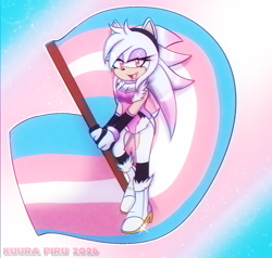 Size: 945x900 | Tagged: safe, artist:kuura-piru, oc, oc:windii the hedgehog, hedgehog, 2026, flag, holding something, looking at viewer, oc only, pride, pride flag, smile, solo, trans pride, trans visibility day