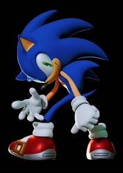 Size: 856x1200 | Tagged: safe, artist:ridenki1, sonic the hedgehog, 2026, 3d, black background, looking at viewer, nike mouth, posing, simple background, smile, solo, standing, thumbs up
