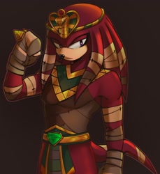 Size: 1877x2048 | Tagged: safe, artist:monti_lop_, knuckles the echidna, 2026, alternate outfit, brown background, flexing, lidded eyes, looking at viewer, simple background, solo, standing