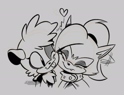 Size: 2048x1566 | Tagged: safe, artist:4brandonjs4, tangle the lemur, whisper the wolf, 2026, bust, cheek squish, cheek to cheek, cute, duo, ear flop, eyes closed, grey background, head tilt, heart, lesbian, line art, monochrome, one eye closed, shipping, simple background, smile, tangabetes, tangle x whisper, tongue out, whispabetes
