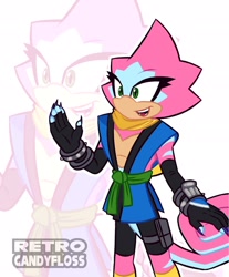 Size: 1590x1924 | Tagged: safe, artist:retro candyfloss, 2026, chameleon, clothes, echo background, fur markings, japanese clothes, kimono, liza the chameleon, looking offscreen, mouth open, redesign, signature, smile, solo, standing