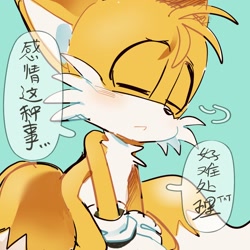 Size: 2048x2048 | Tagged: safe, artist:pupu77859245726, miles "tails" prower, 2026, :<, blushing, chinese text, cute, dialogue, eyes closed, frown, simple background, solo, speech bubble, tailabetes, text, turquoise background