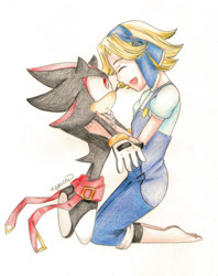 Size: 1024x1293 | Tagged: safe, artist:esbelle, maria robotnik, shadow the hedgehog, human, au:sonic skyline, 2017, alternate universe, barefoot, carrying them, duo, eyes closed, frown, headband, holding them, kneeling, looking at them, mouth open, open smile, overalls, redesign, side view, signature, simple background, smile, traditional media