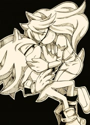 Size: 2240x3104 | Tagged: safe, artist:esbelle, maria robotnik, shadow the hedgehog, oc, oc:maria the hedgehog, hedgehog, 2017, black background, duo, eyes closed, holding each other, lidded eyes, looking at them, mobianified, monochrome, outline, simple background, smile
