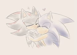 Size: 3507x2507 | Tagged: safe, artist:esbelle, shadow the hedgehog, sonic the hedgehog, 2019, cute, duo, eyes closed, frown, gay, grey background, heart, hugging, lidded eyes, shadow x sonic, shadowbetes, shipping, simple background, smile, sonabetes, sonadow week